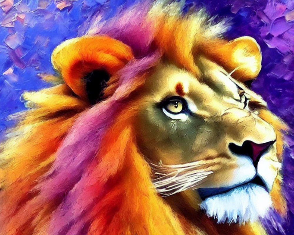 Colorful lion digital painting with orange and yellow mane on textured blue and purple backdrop