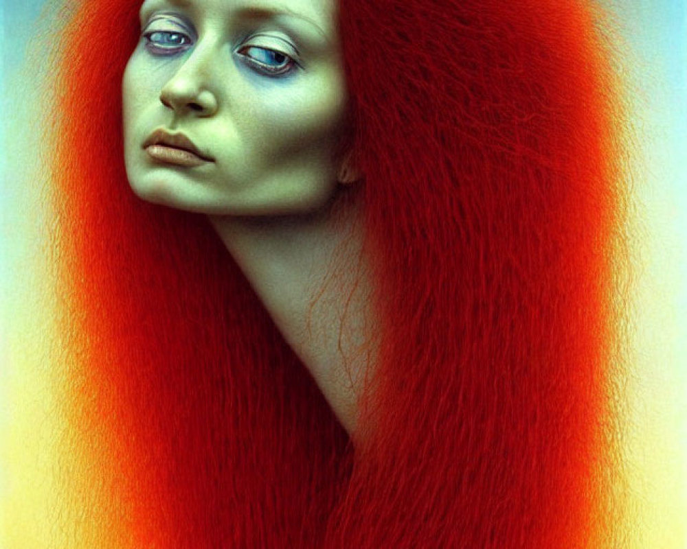 Portrait of person with pale skin, blue eyes, and large red hair mass