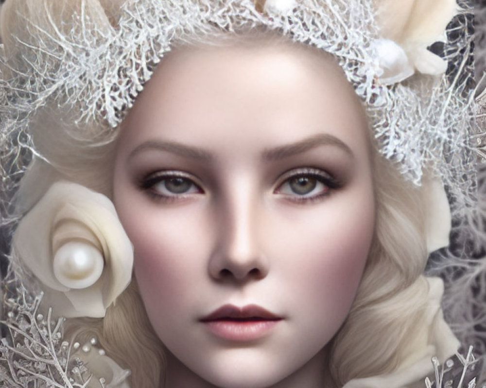 Fair-skinned woman with white floral headpiece and blonde curls exudes elegance