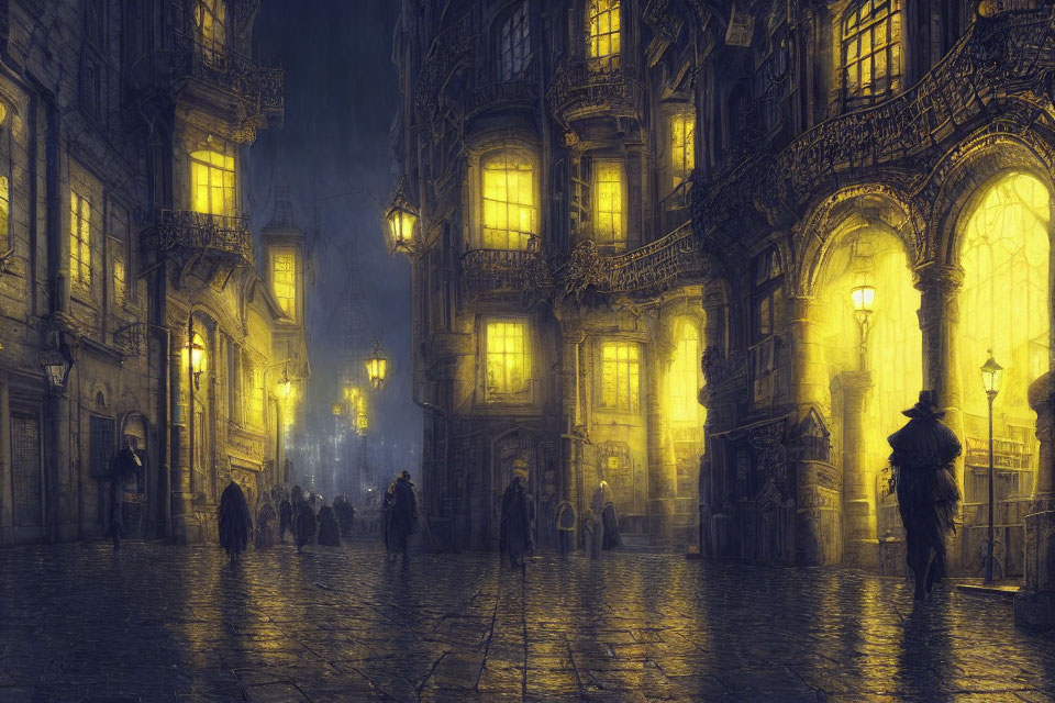 Dimly Lit Cobblestone Street at Night with People in Period Clothing