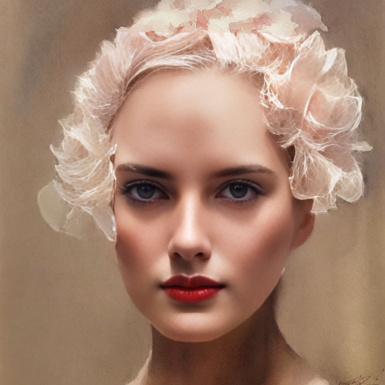 Portrait of woman with pale pink flowers, striking gaze, fair complexion, bold red lips