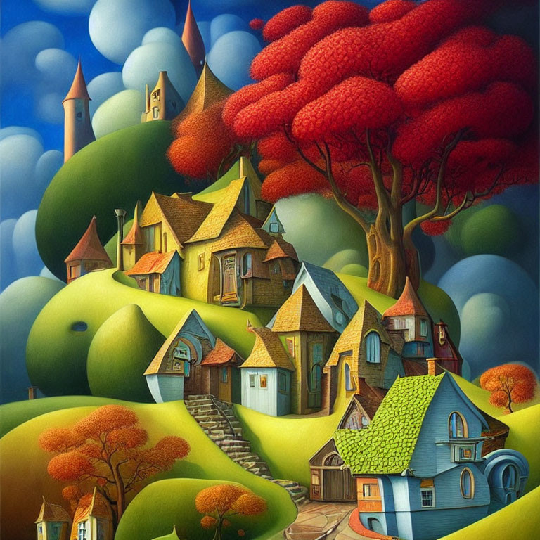 Colorful Whimsical Landscape with Houses, Trees, and Sky