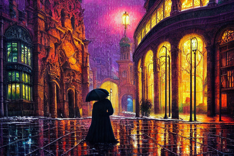 Solitary figure with umbrella on rain-slicked cobblestone street at night