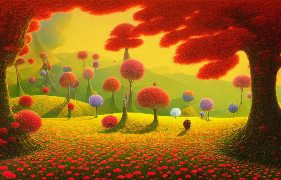 Colorful landscape with red trees, yellow sky, and figures walking beneath fantastical foliage