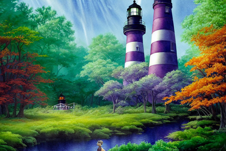 Vibrant autumn foliage with two lighthouses, wooden bridge, and duck