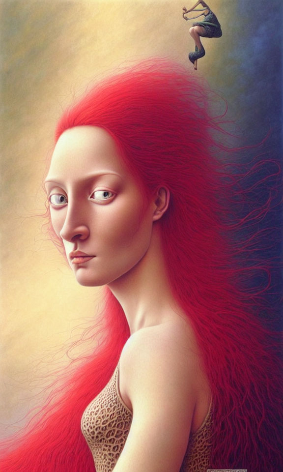 Vibrant red-haired woman with large eyes and snake in surreal portrait