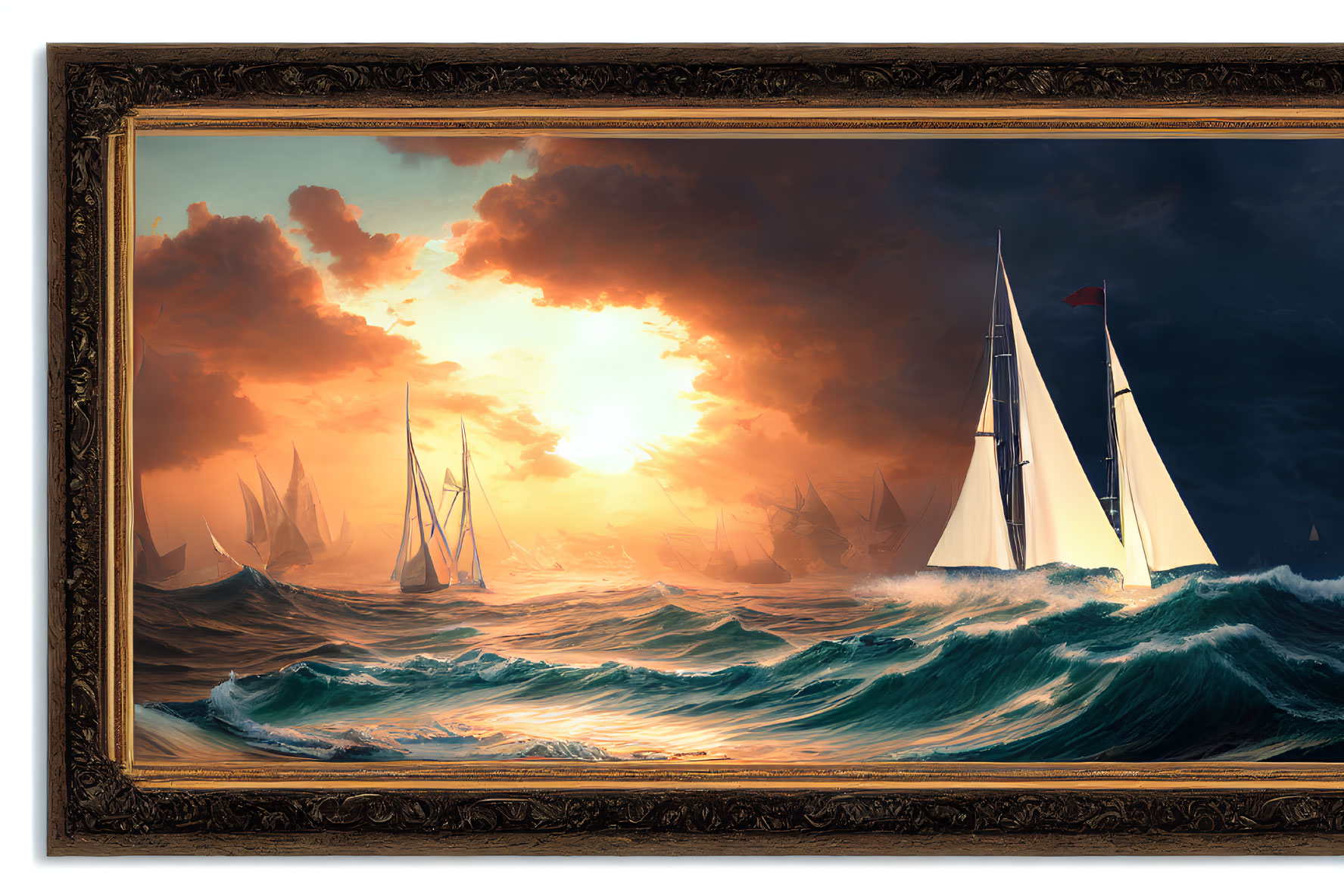 Ornate framed painting of sailboats on tumultuous seas at sunset