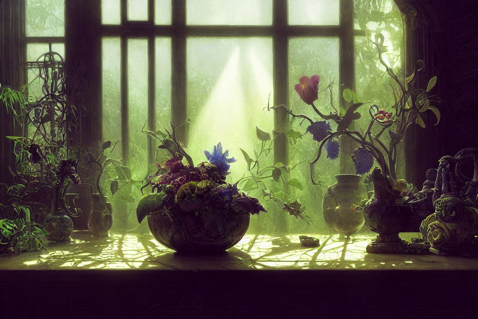 Sunlit indoor scene with potted plants and flowers on dusty surface