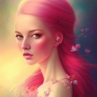 Digital painting of person with long red hair in mystical forest setting