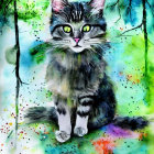 Black and white kitten against colorful abstract background