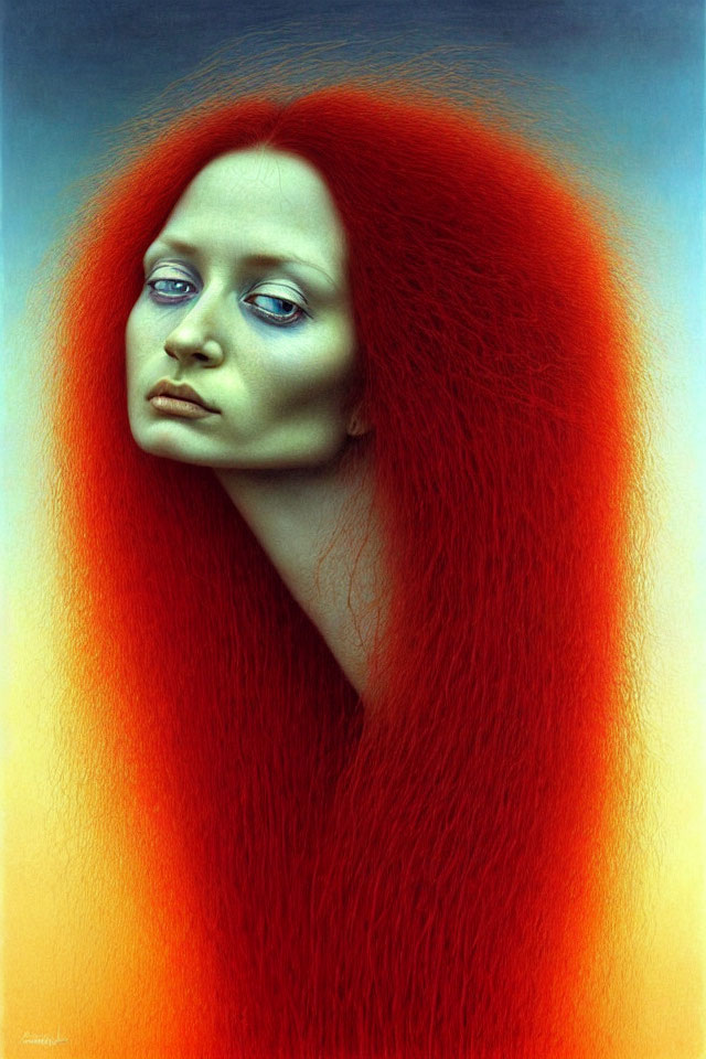 Portrait of person with pale skin, blue eyes, and large red hair mass