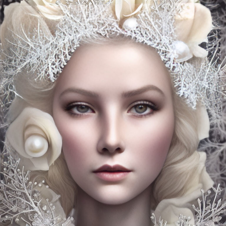 Fair-skinned woman with white floral headpiece and blonde curls exudes elegance