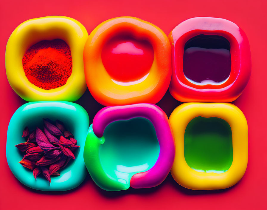 Vibrant condiment dishes and spices on red backdrop