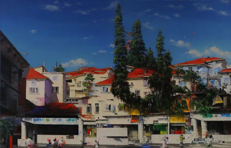 Colorful painting of quaint street with red-tiled roofs under blue sky