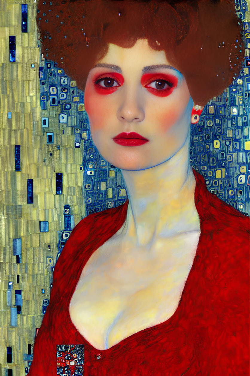 Vibrant red-haired woman in red jacket on binary code background