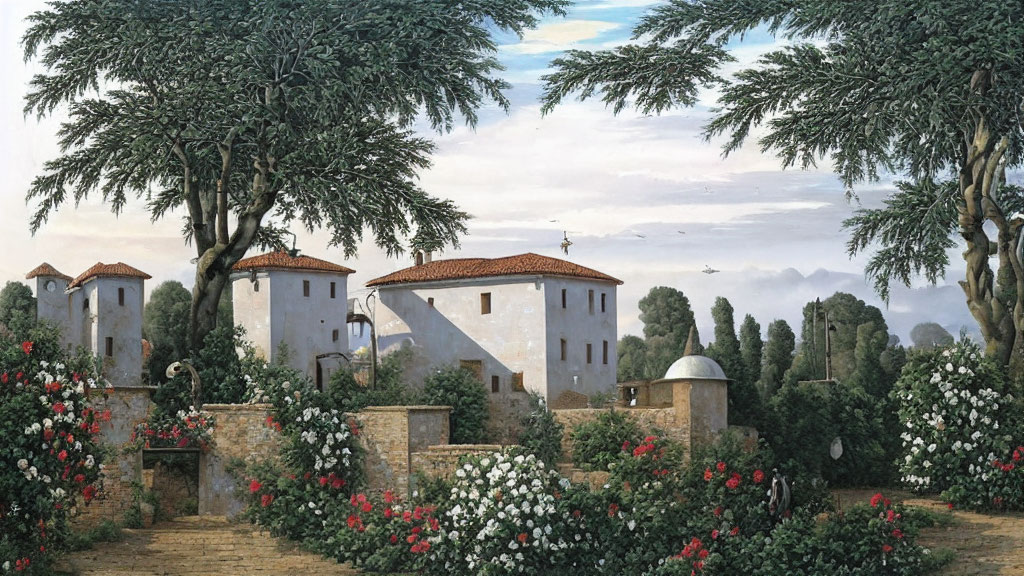 Serene Italian Countryside with Villas and Flowers