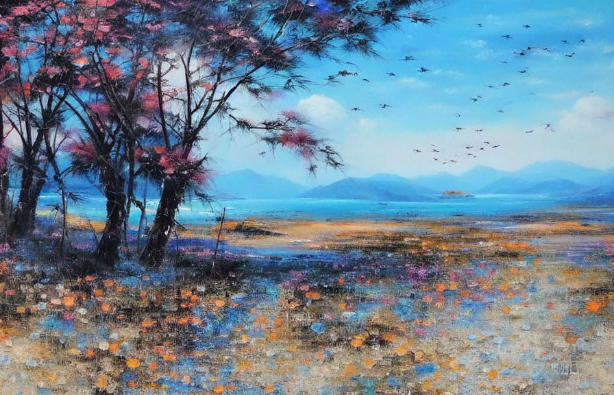 Tranquil landscape painting with trees, flowers, birds, and mountains