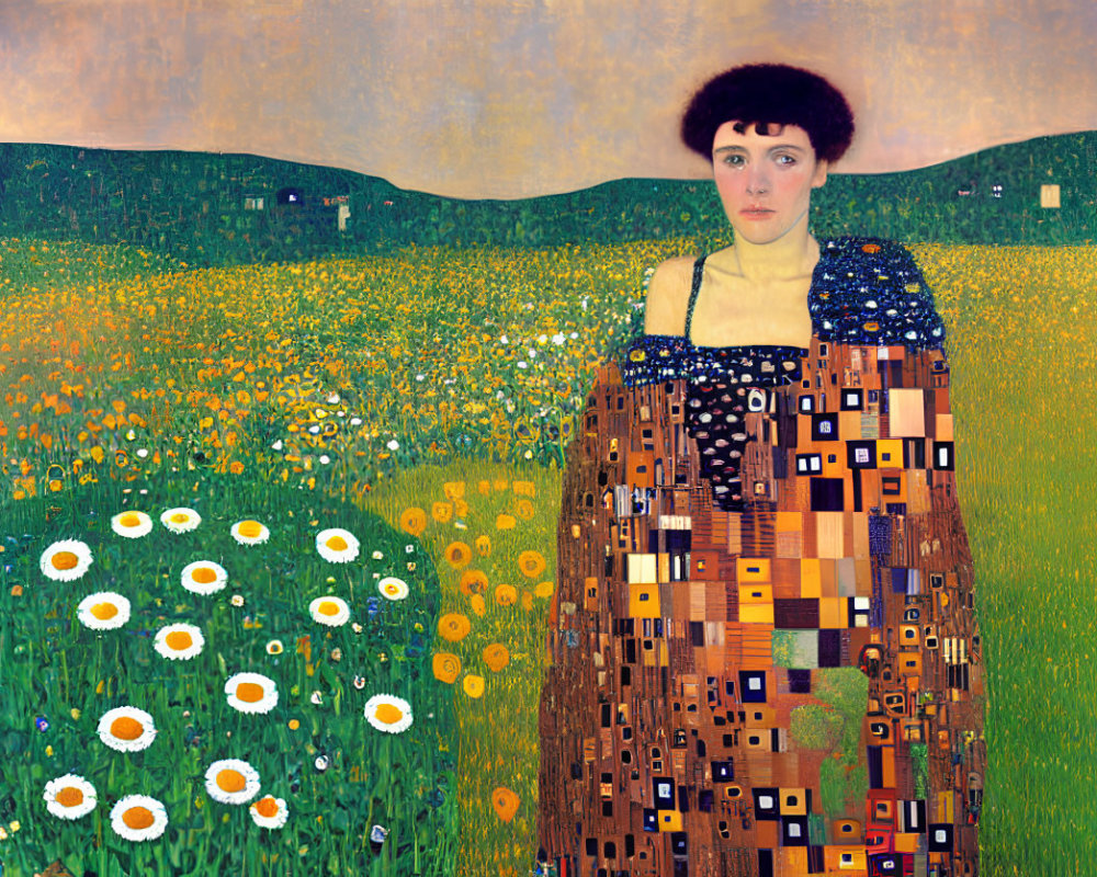 Woman in Klimt-style dress surrounded by daisies in blooming field