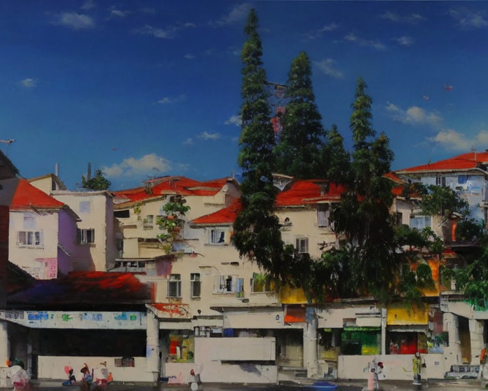 Colorful painting of quaint street with red-tiled roofs under blue sky