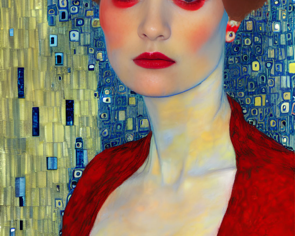 Vibrant red-haired woman in red jacket on binary code background