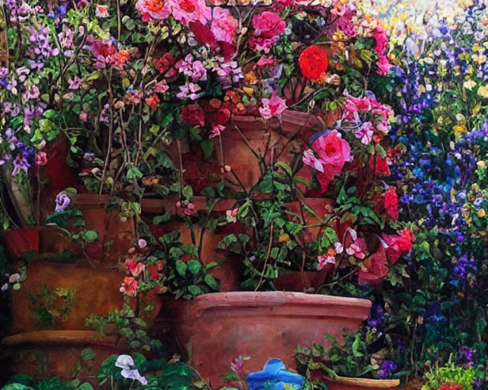 Colorful Garden Scene with Blooming Flowers in Terracotta Pots