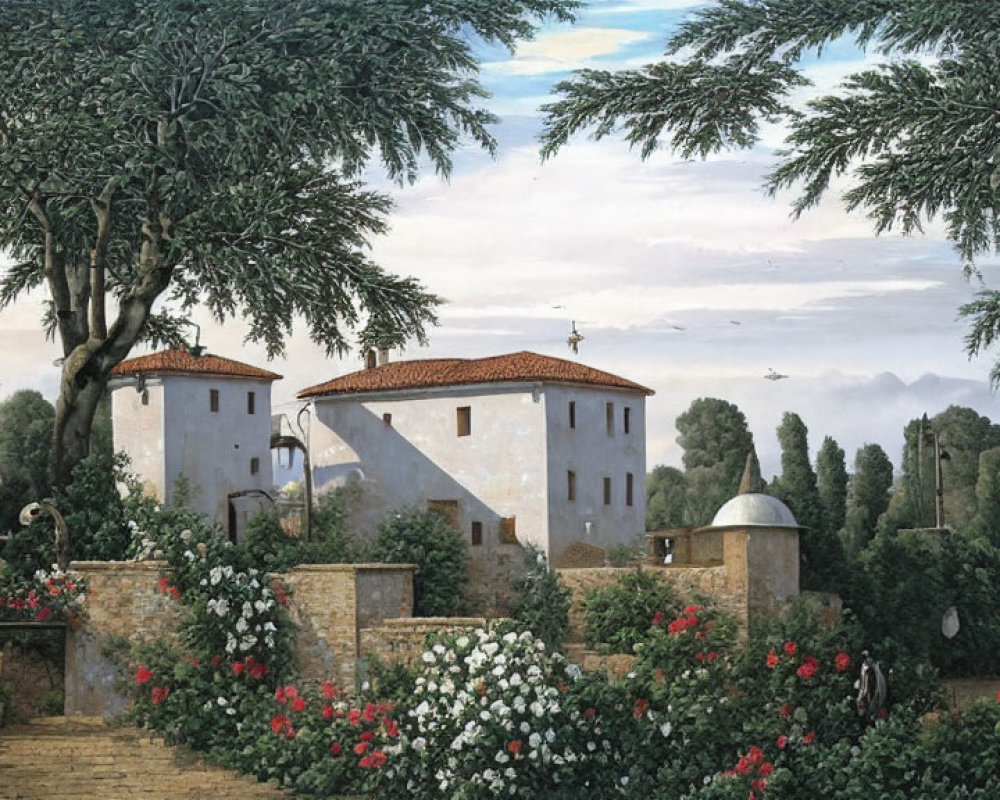 Serene Italian Countryside with Villas and Flowers