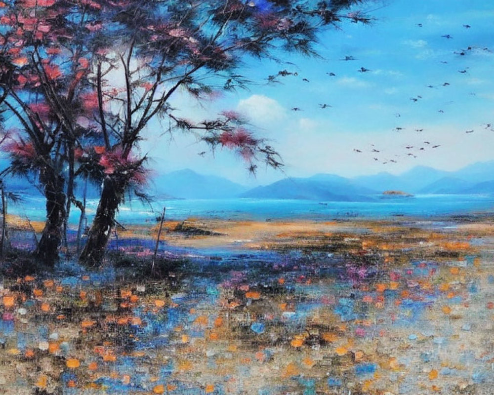 Tranquil landscape painting with trees, flowers, birds, and mountains