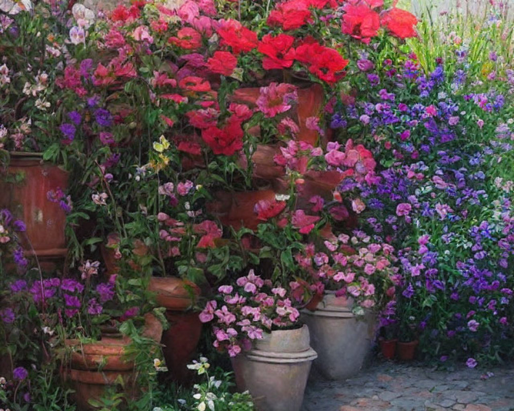 Colorful Flowers in Terracotta Pots by Cobblestone Path