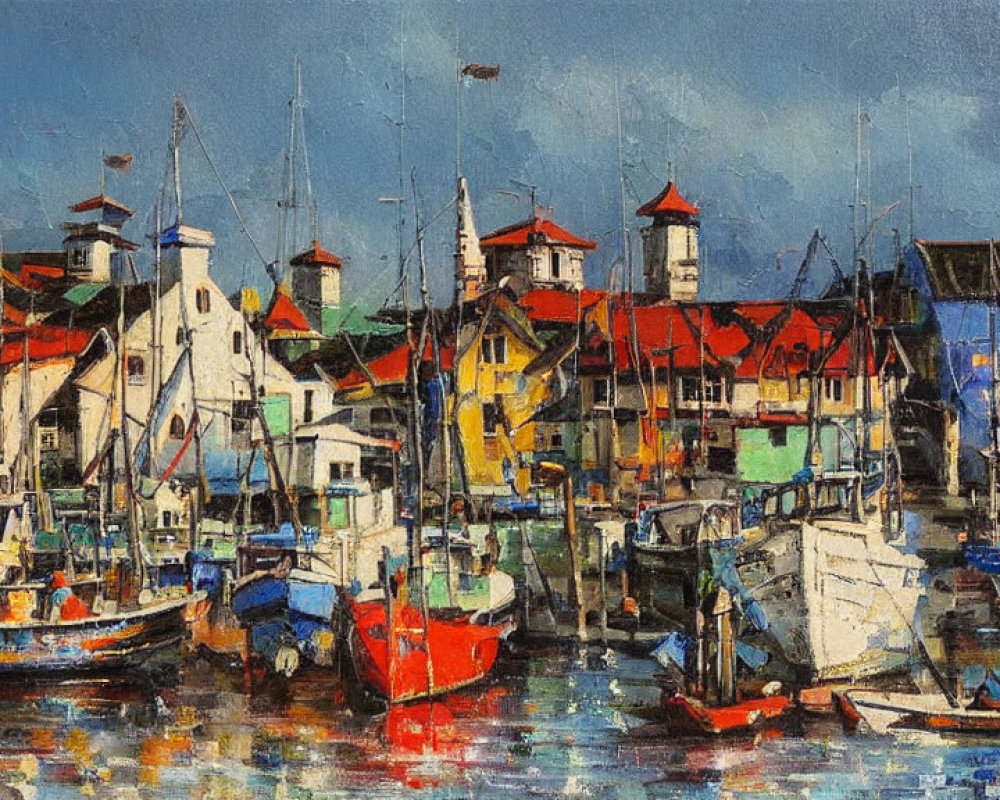 Vibrant Impressionist Harbor Scene with Colorful Boats and Buildings