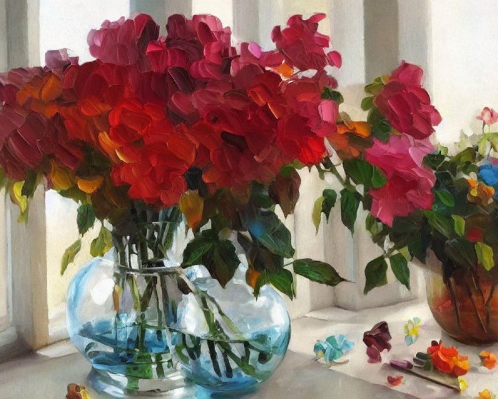 Colorful painting of red and pink roses in glass vase on sunny windowsill