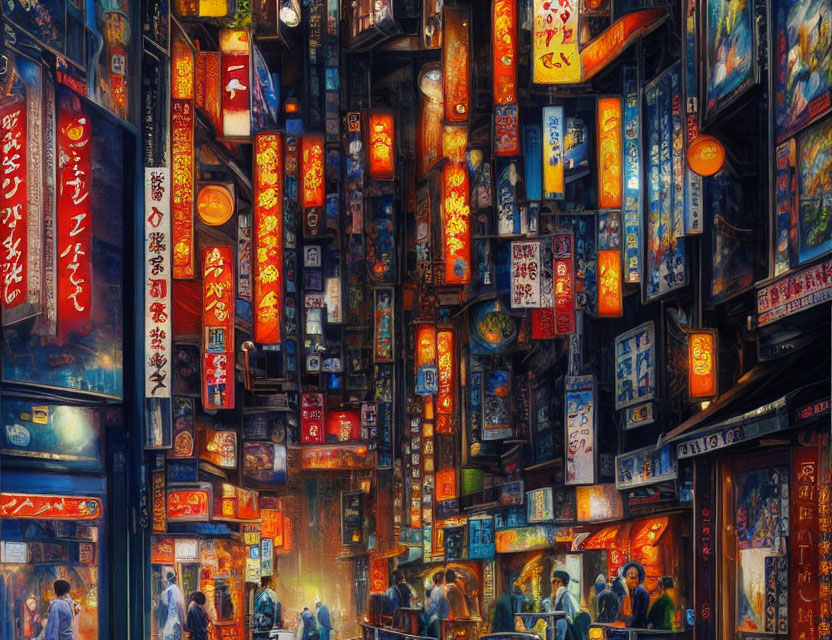 Busy Japanese alley at dusk with vibrant signage and pedestrians.