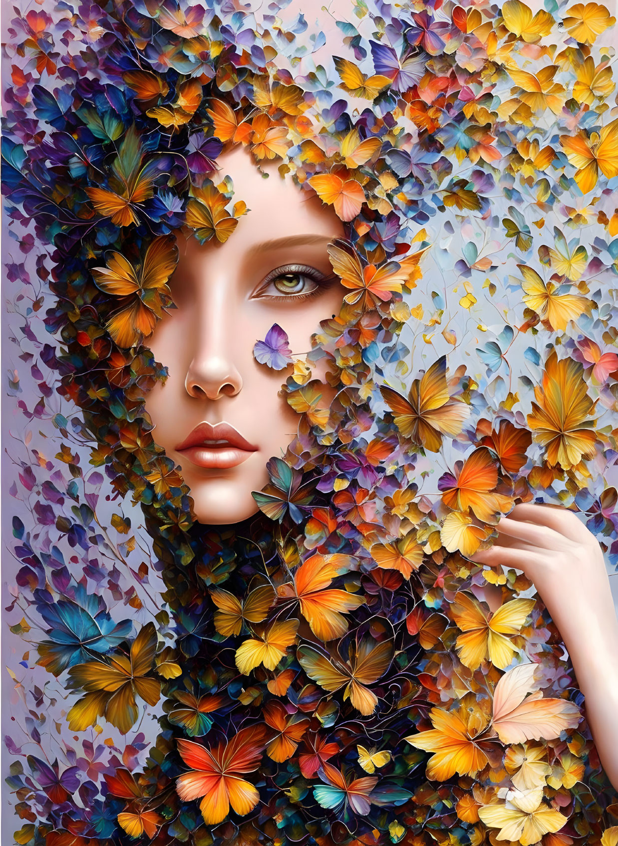 Vibrant butterflies partially cover woman's face in artistic image