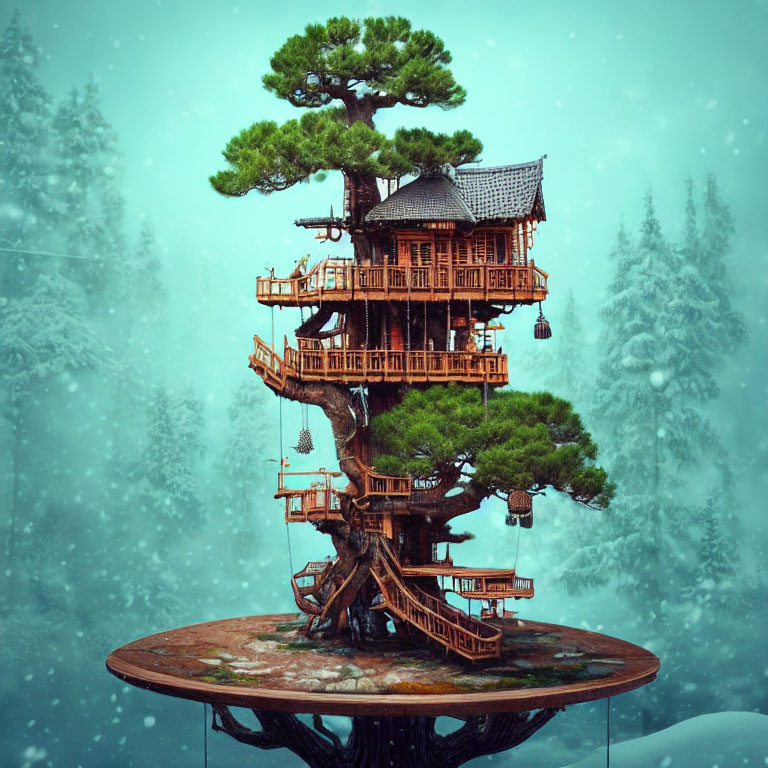 Unique Multi-Level Treehouse in Bonsai Tree Landscape