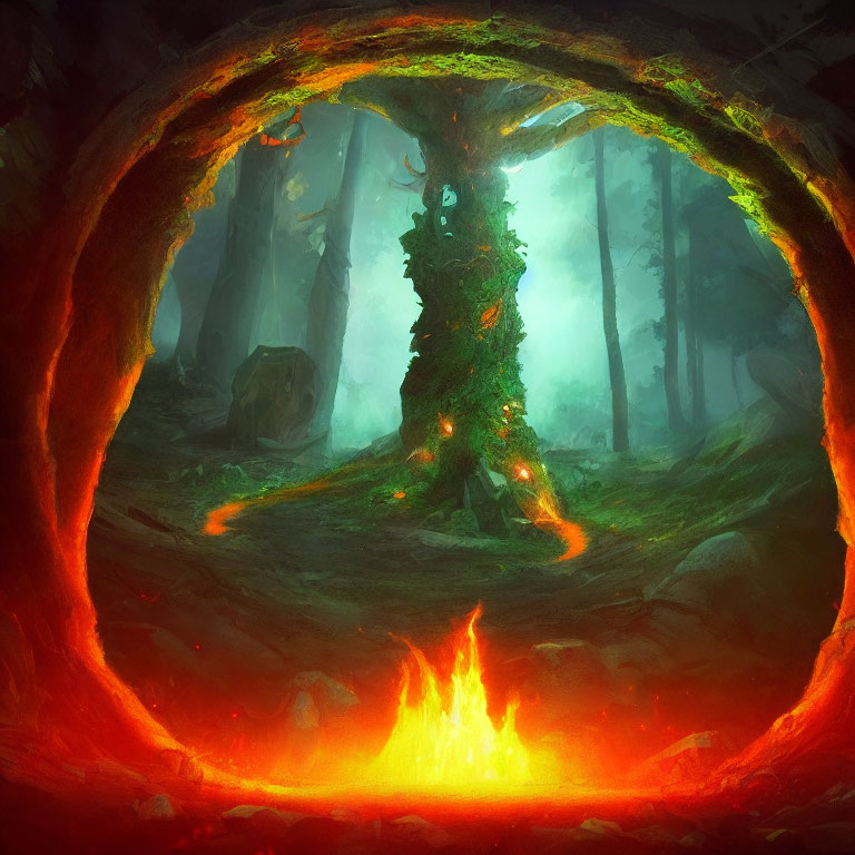 Enchanting forest scene with large tree, ring of fire, and glowing mist