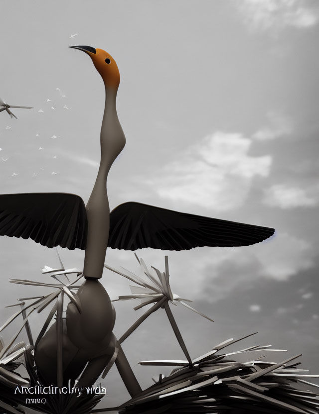 Stylized bird with long neck and beak perched above nest on cloudy background