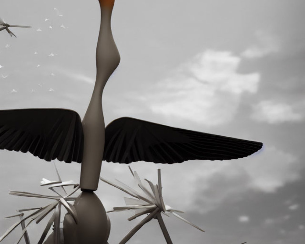 Stylized bird with long neck and beak perched above nest on cloudy background