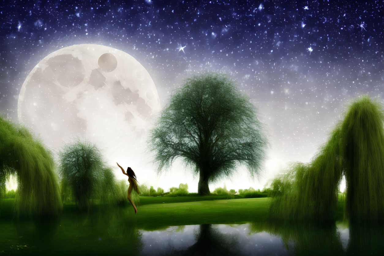 Woman dancing under large moon in dreamlike landscape