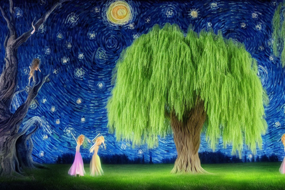 Nighttime scene with two individuals in gowns under a starry sky reminiscent of a famous painting