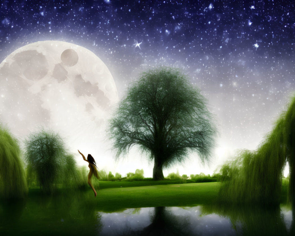 Woman dancing under large moon in dreamlike landscape