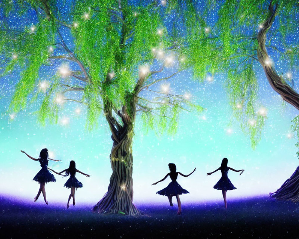 Silhouetted figures dancing under green-lit trees at night