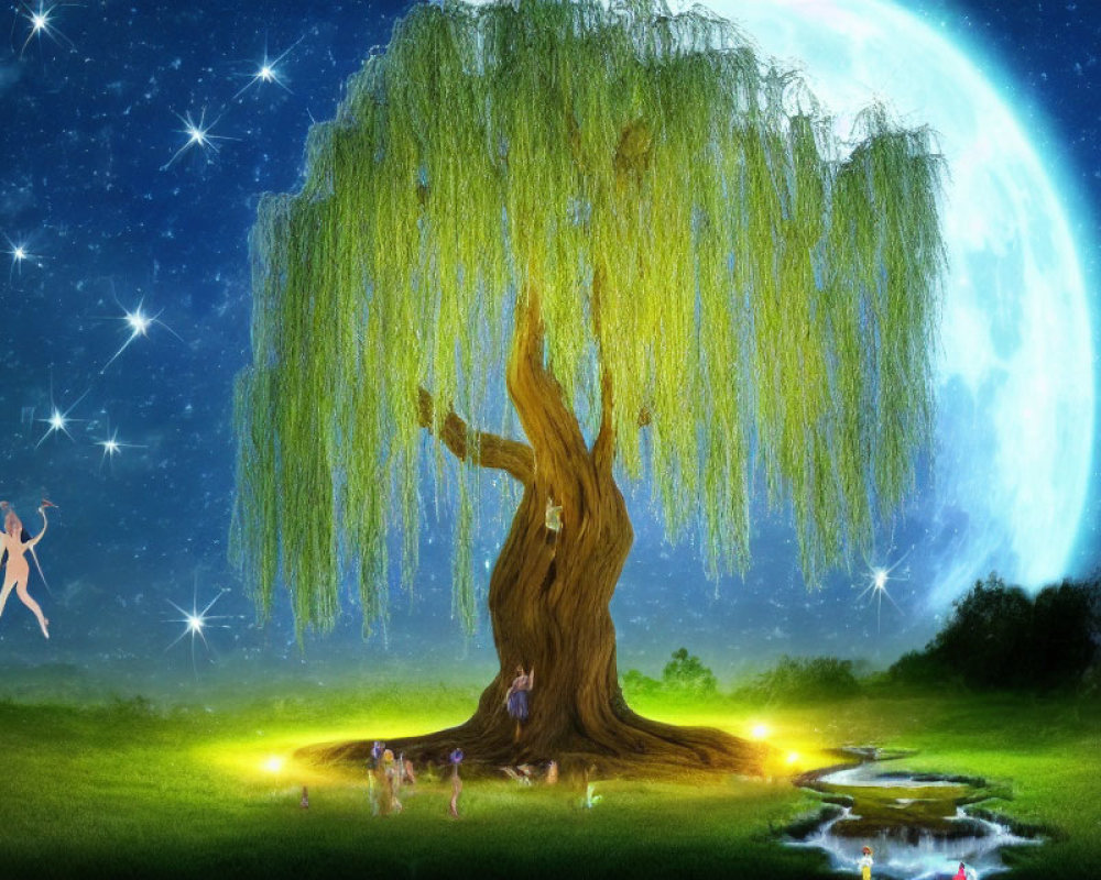 Enchanting night scene with glowing willow tree, fairies, stars, moon, and serene