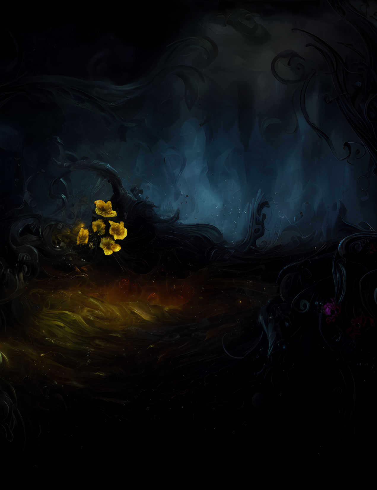 Mystical forest with swirl patterns and glowing yellow flowers