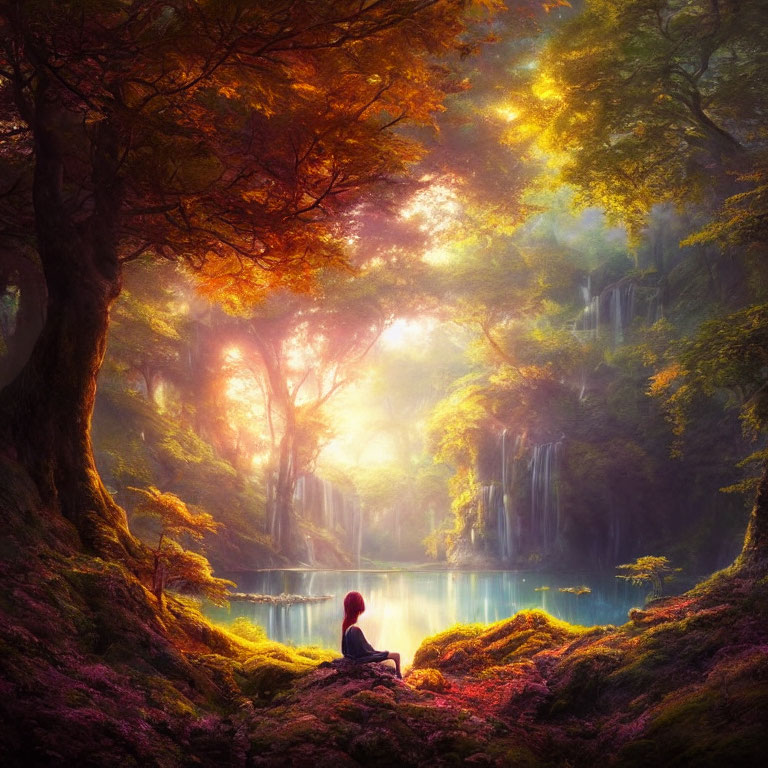 Tranquil scene of a person by a serene lake in an ethereal forest