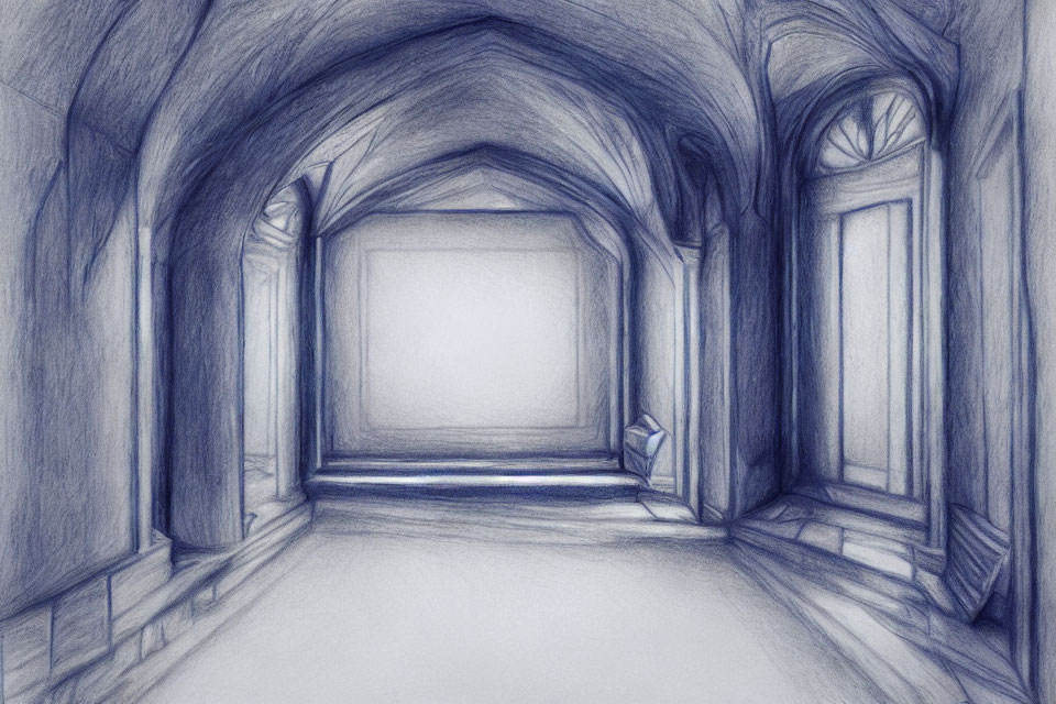 Detailed pencil sketch of vaulted corridor with arches and bright focal point