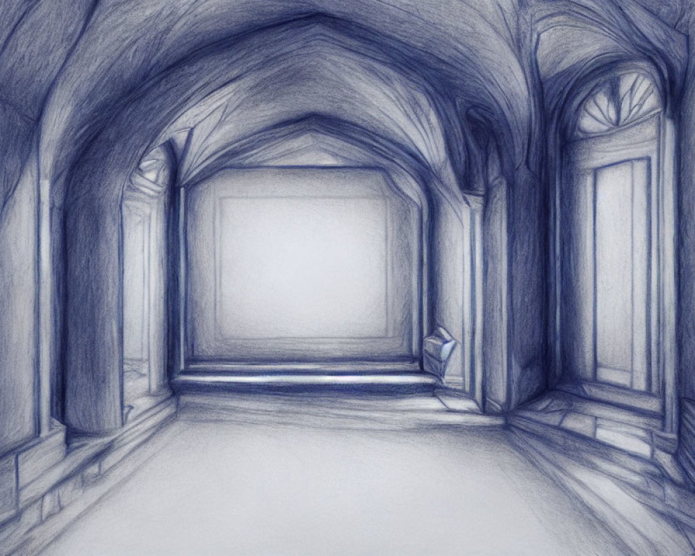 Detailed pencil sketch of vaulted corridor with arches and bright focal point