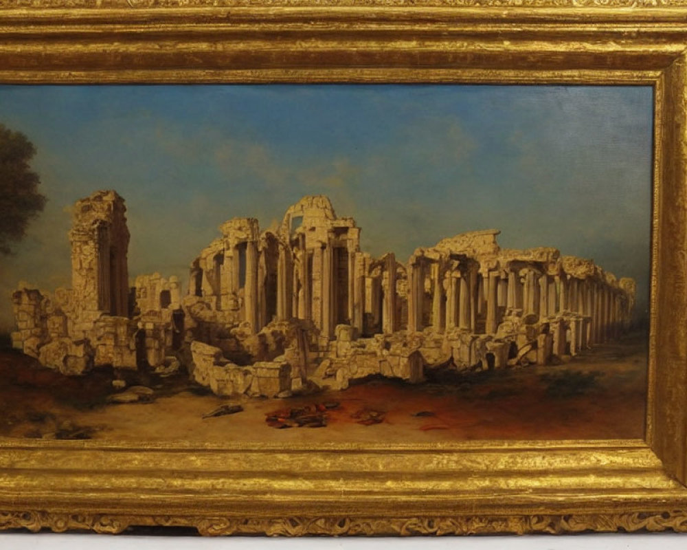 Ancient ruins oil painting with columns and architraves in golden frame