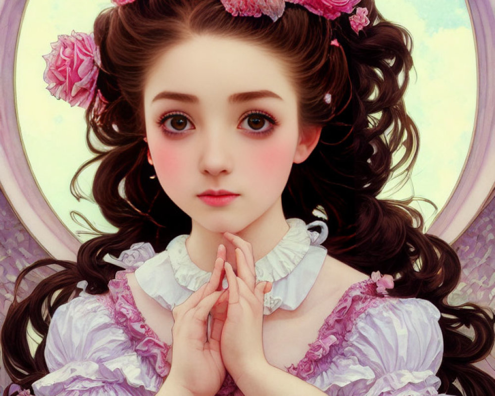 Digital Artwork: Girl with Large Eyes and Curly Hair Holding Pink Roses