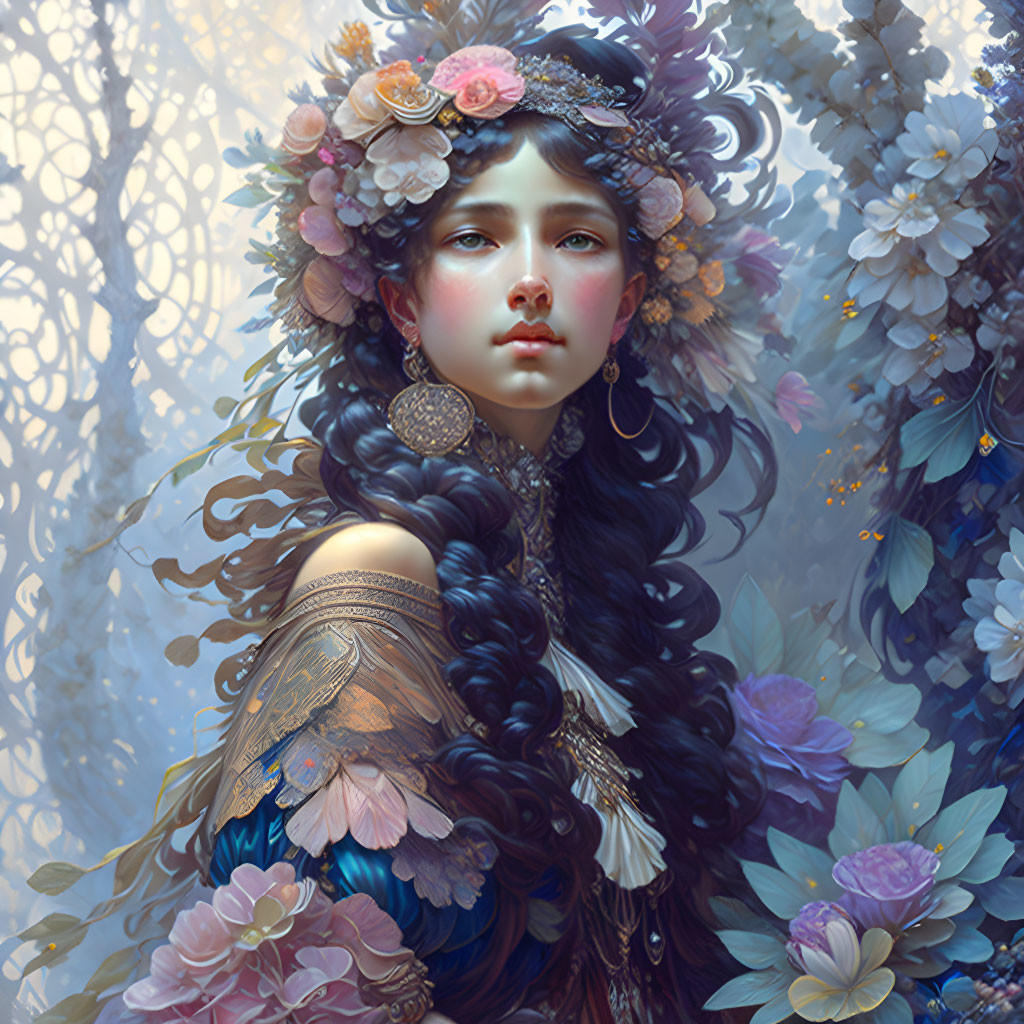 Ethereal portrait of woman with floral headdress in serene blue and violet backdrop