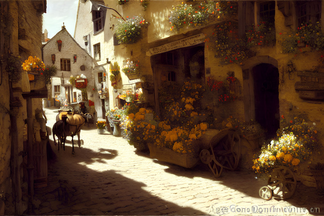 Medieval street with stone buildings, vibrant flowers, and horse-drawn cart