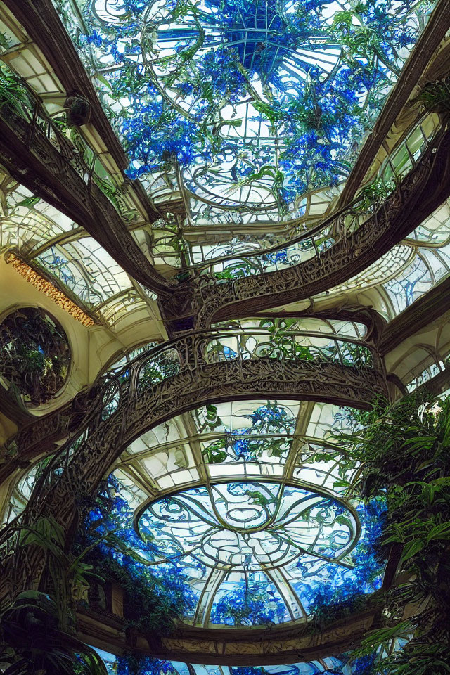 Intricate ironwork with blue floral design under glass dome